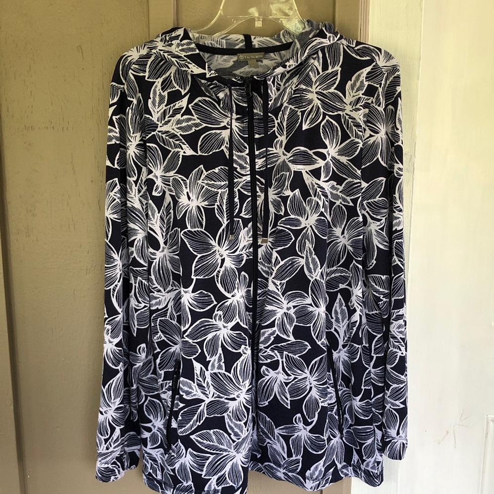 T by Talbots Navy Blue & White Floral Hoodie Top Zippered Pockets XL